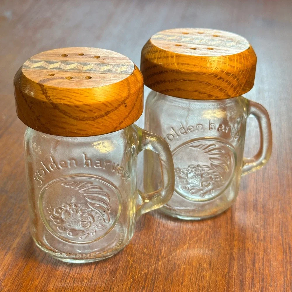 Golden Harvest Mini Mason Jar Salt & Pepper Shaker Set Wood Inlay Lids
